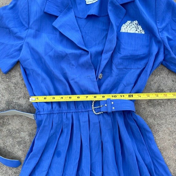 Leslie Fay Petite Vintage Belted Shirt Dress Pleated Career‎ Blue 8P - Picture 4 of 13